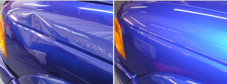 Close-up of a blue car’s side panel with a visible dent, shown before and after repair.