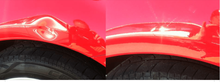 Close-up of a red car’s side panel and wheel arch, showing a dented and a repaired section side by side