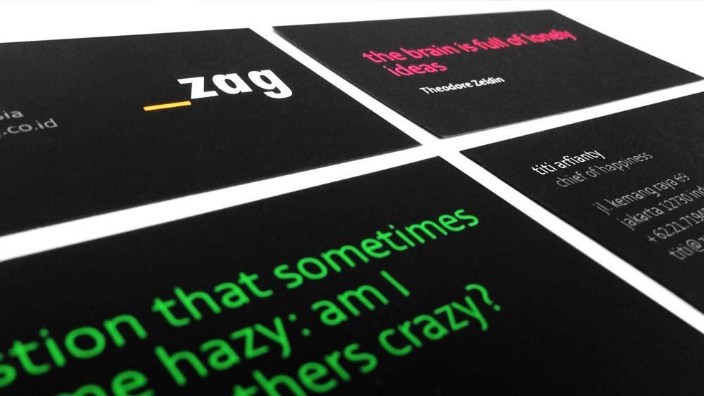 schmidt ideas, Jakarta, creative brand consultant,  brand identity for _zag creative agency, name cards
