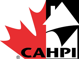 A red maple leaf with a black house and the words cahpi