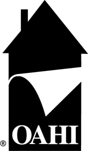 A black and white logo of a house with the word oahi on it.
