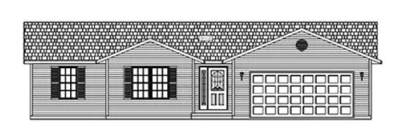 Black-and-white front elevation of a single-story house with garage, shutters, and front door
