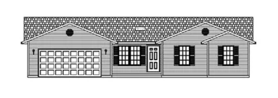 Black-and-white drawing of a single-story house with a garage and front door.