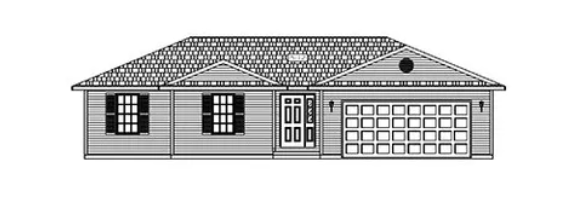 Black-and-white front view of a single-story suburban house with a tiled roof and attached garage.