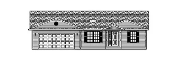 Black-and-white drawing of a small house with a garage, front door, windows, and tiled roof.