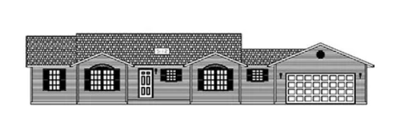 Single-story suburban house with gray siding, dark roof, front windows, and attached garage