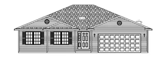 Single-story suburban house with a gray roof, front windows, and an attached garage.