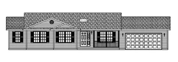 Gray single-story house with a shingled roof, front windows, and an attached garage.