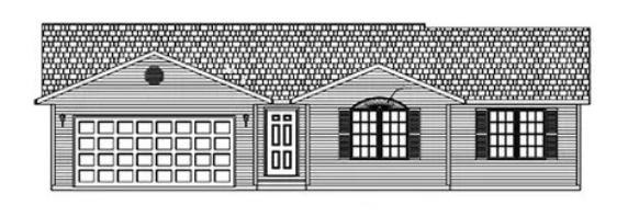 Black-and-white drawing of a single-story house with a garage, front door, and two windows