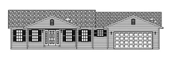 Black-and-white drawing of a single-story house with a front porch, shutters, and an attached garage.