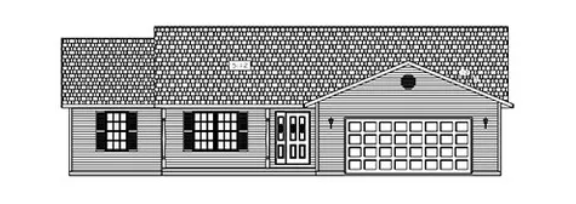 Gray single-story house with shingled roof, front door, windows, and attached garage