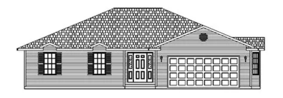 Front view of a single-story house with gray siding, shingled roof, porch, and attached garage