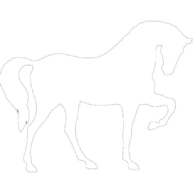 A black and white drawing of a horse on a white background.