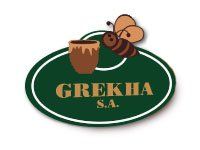 Logotipo de Grekha Honey que presenta un tarro de miel marrón y una abeja sobre un óvalo verde.