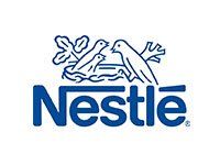Logotipo de Nestlé: tres pájaros en un nido sobre una marca denominativa 