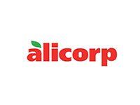 Logotipo de Alicorp, texto rojo con acento de hoja verde sobre la 