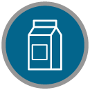 Icono de cartón de leche en un círculo azul con un borde gris.