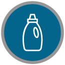 Botella de detergente líquido, contorno sobre círculo azul con borde gris.