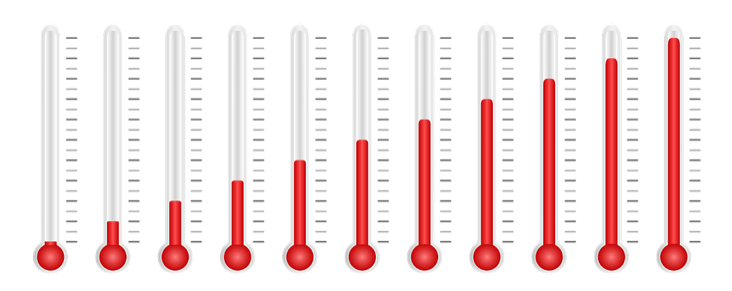 A row of red thermometers on a white background.