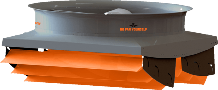 A drawing of a fan with orange blades on a white background.