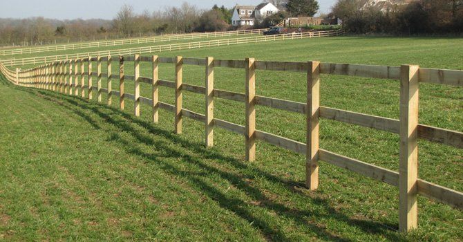 Wooden fence in a grassy field, stretching into the distance. Bright sunlight.
