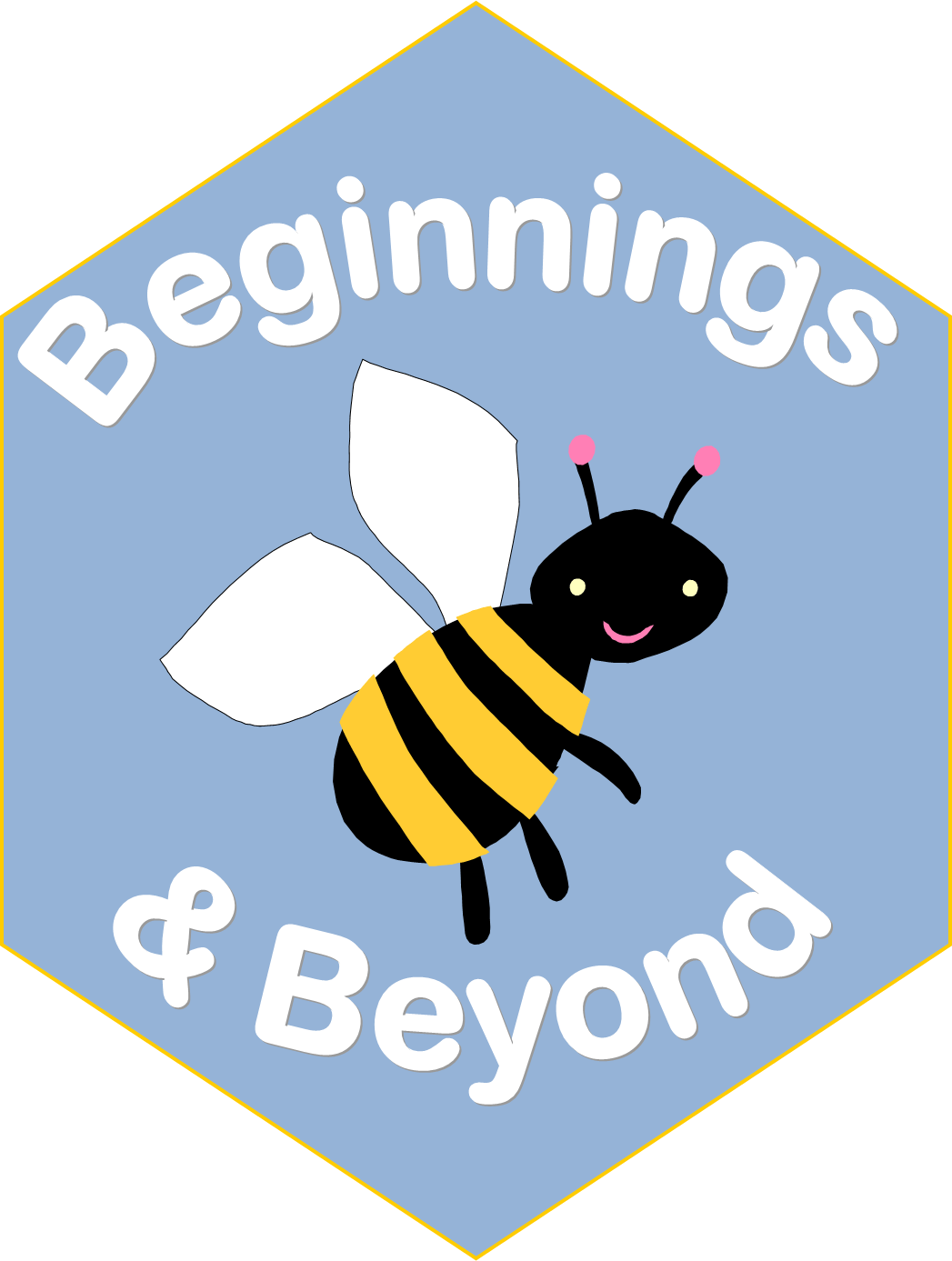 A blue hexagon with a bee and the words beginnings & beyond