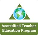The logo for the accredited teacher education program shows a globe in a triangle.
