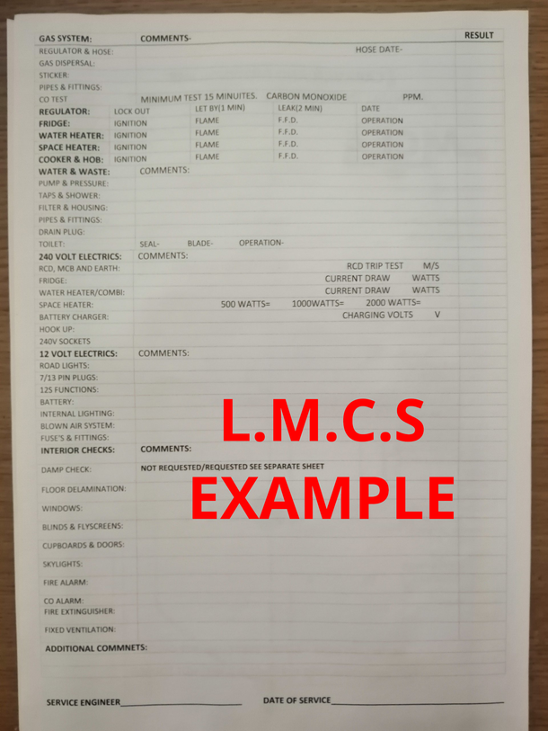 CARAVAN SERVICE SHEET EXAMPLE