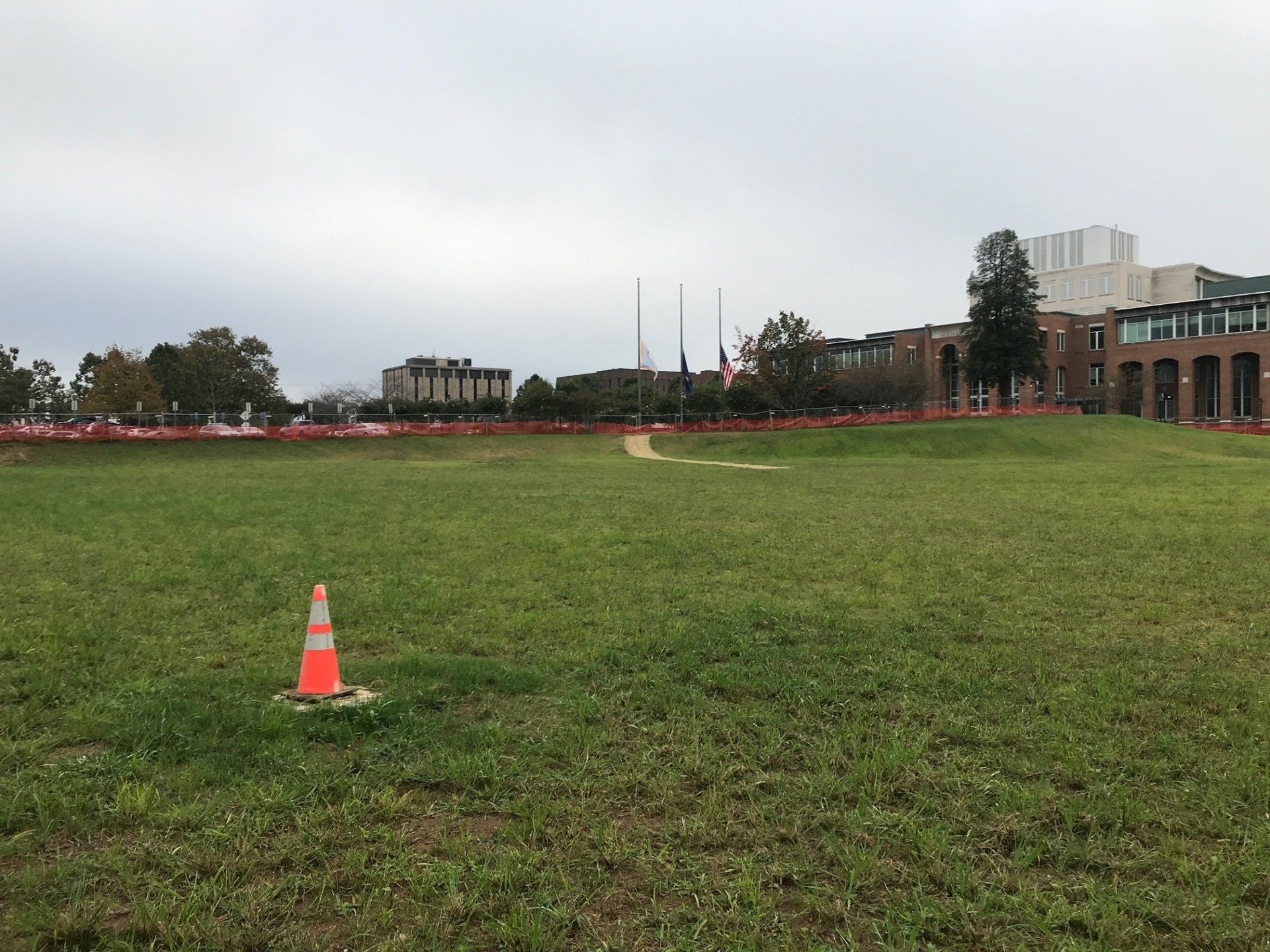 Wide grassy field with an orange cone, trees, and campus buildings in the background