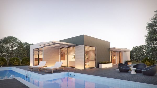 casa prefabbricata in cemento con piscina esterna