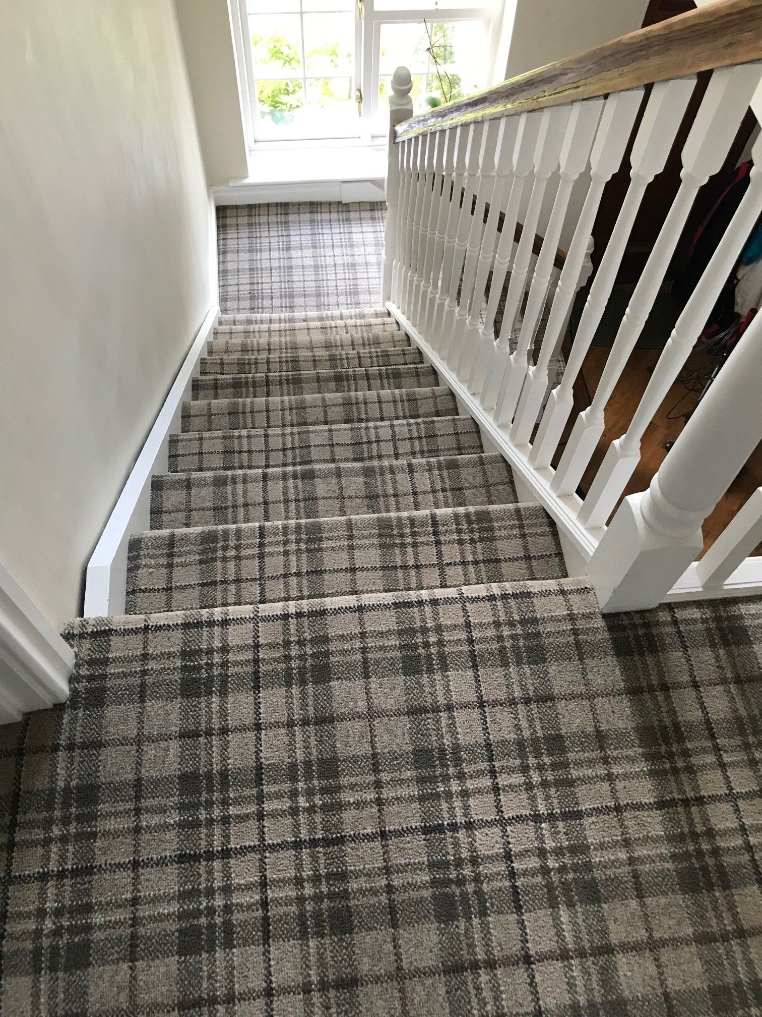 Ulster Carpets Country House Turtle Dove - grey tartan carpet to stairs