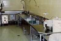 Commercial kitchen with stainless steel sinks and counters, tiled walls, and cleaning buckets on the right.