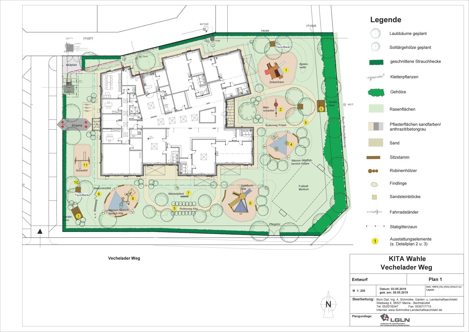 Ein Grundriss eines Hauses mit einem Spielplatz im Hinterhof.