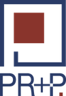 Ein Logo für ein Unternehmen namens pr + p mit einem roten Quadrat in der Mitte.