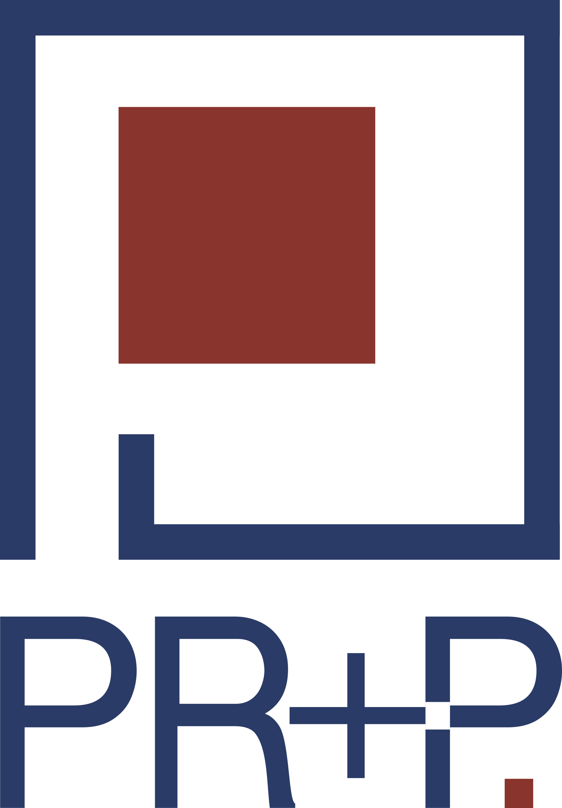 Ein Logo für ein Unternehmen namens pr + p mit einem roten Quadrat in der Mitte.