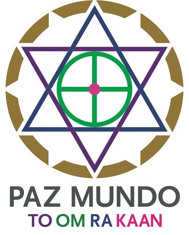 Ein Logo, das „paz mundo“ zu „om ra kaan“ sagt