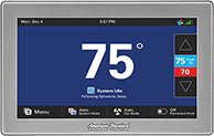 A thermostat with a screen that says 75 degrees on it.