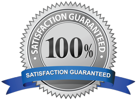 A 100 % satisfaction guaranteed seal with a blue ribbon