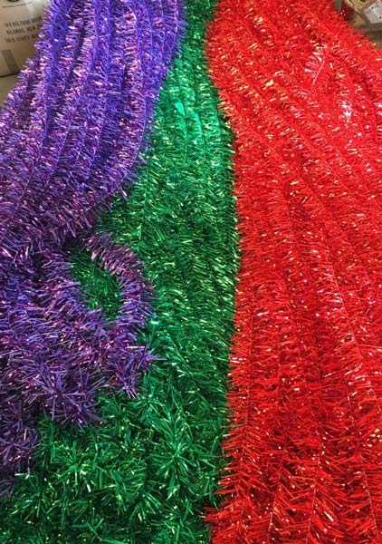 purple green and red Christmas tinsel
