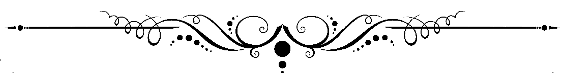 Black ornamental divider with swirls, dots, and a central teardrop motif on a white background