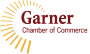 Garner Chamber of Commerce logo with maroon text and gold sunburst design