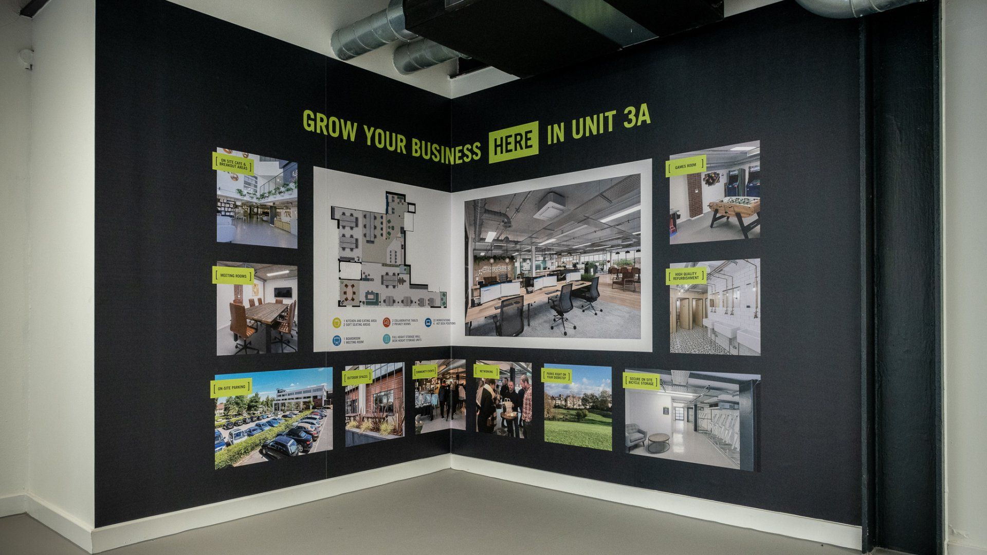 A wall with pictures on it and a sign that says grow your business