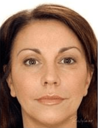 Close-up portrait of a person with brown hair on a plain white background