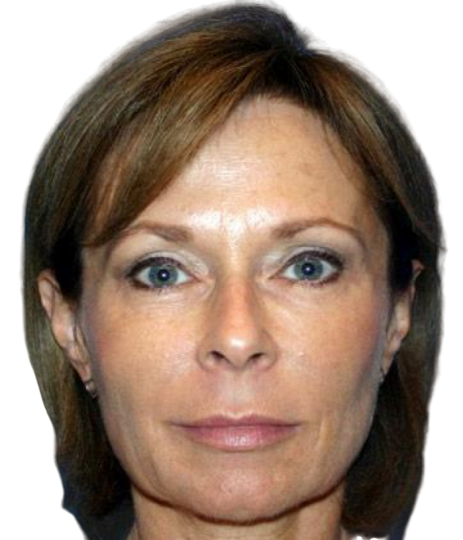 Front-facing portrait with short brown hair, blue eyes, and a neutral expression on a plain background