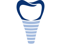 Blue and white tooth logo with a tapered, striped root design