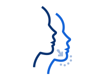 Blue and navy outline of two overlapping faces with a dotted circular arrow, suggesting communication or conversation