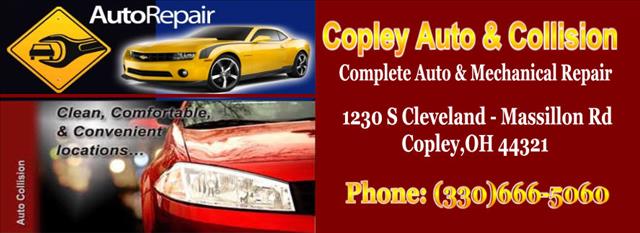 Copley Auto & Collision ad with yellow sports car, red car, and phone number for Cleveland auto repair