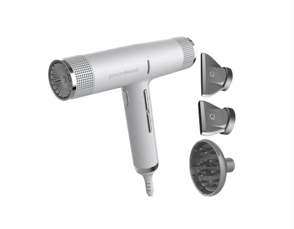 A hair dryer with three different attachments on a white background.