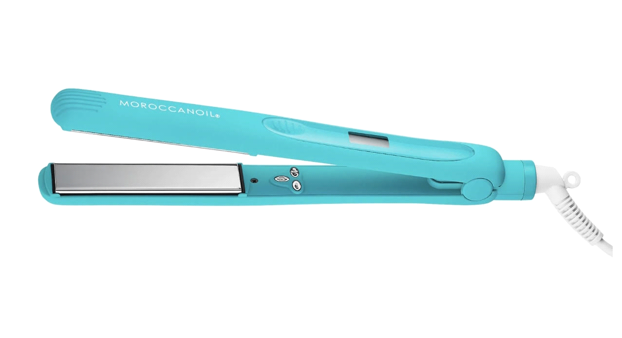 A blue hair straightener is sitting on a white surface.