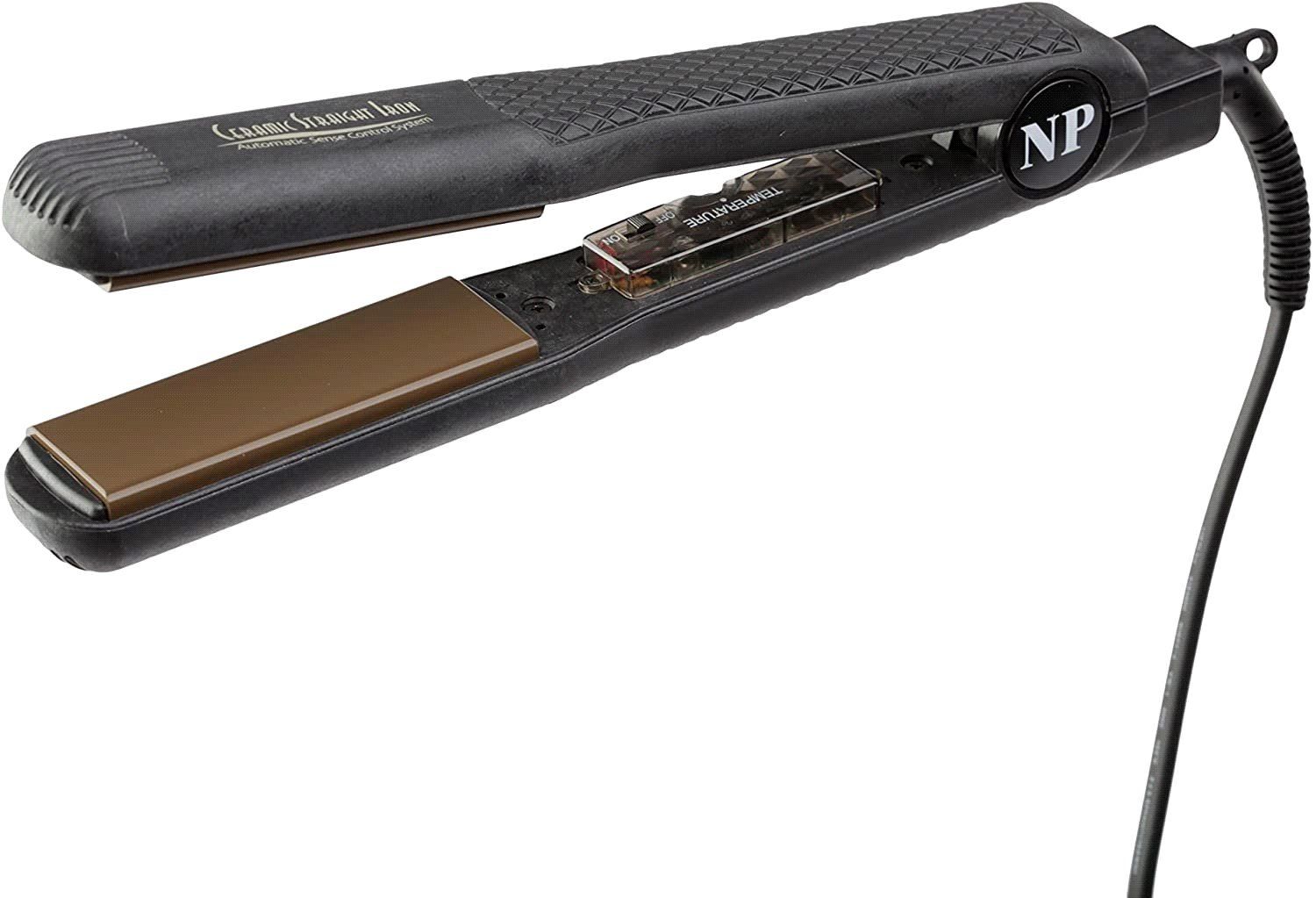A black hair straightener with a cord attached to it on a white background.